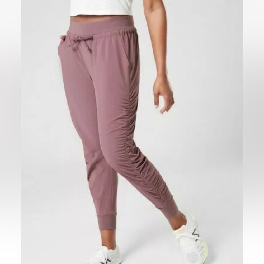 Athleta Attitude Pants Ruched Leg Elastic Drawstrings Waist Volcanic Violet 4